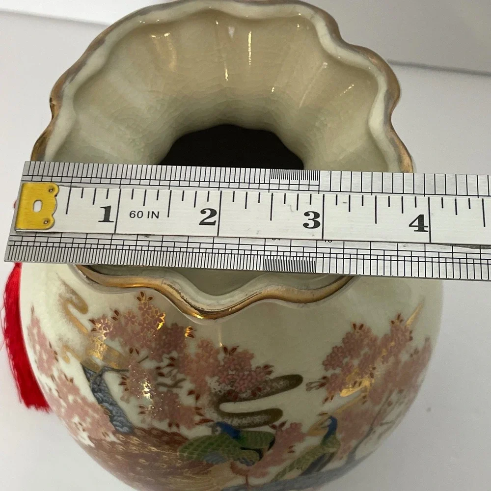 Japanese Satsuma Peacock Crackle Glaze Money Bag‎ Vase Red Tassel Gold Moriage